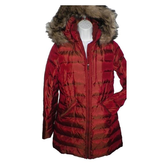 Women's XS 2-4 Lands' End Shimmer Down Coat Puffer Burgundy Orange Hood - Picture 11 of 16
